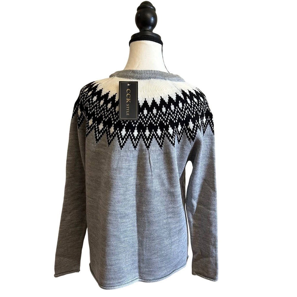 CCK Style Womens Sweater Medium Gray White Black Nordic Fair Isle Knit Pullover - Picture 2 of 7